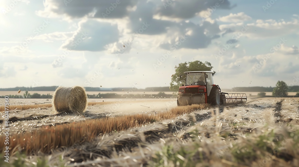 Fototapeta premium Baler machine creating hay bales, on a field with scattered hay, realistic render