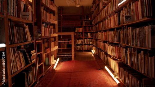 Night library with flashing lights. Stock footage. Corridor with bookshelves in night library. Flashing lights in aisle between bookshelves of night library