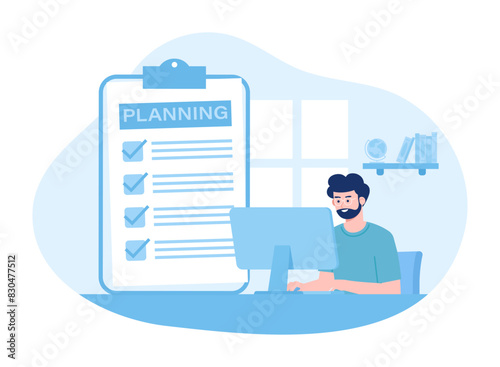 Businessman analyzes data and makes checklist with development plan concept flat illustration
