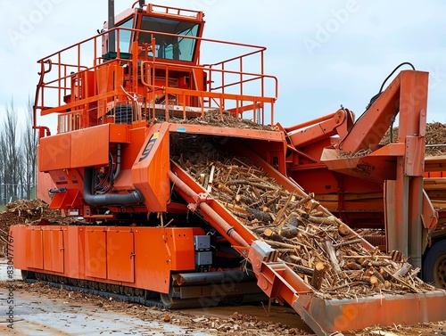 Forestry chipper with a conveyor, chipping wood, high detail photo