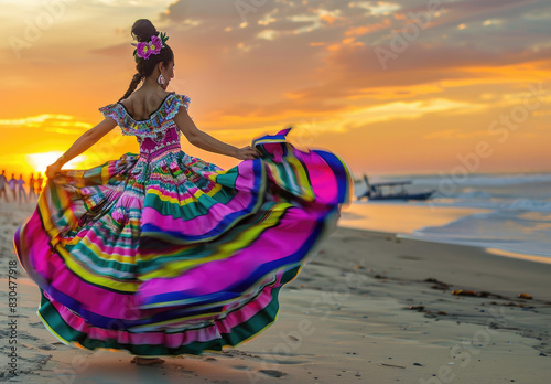 a Mexican woman in a colorful dress dancing flamenco on the beach at dawn, with pastel colors and soft lighting
