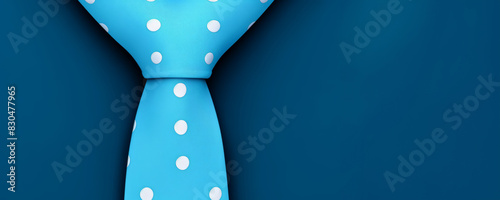 Close up Top view a polka dot blue tie with blue collar shirt,