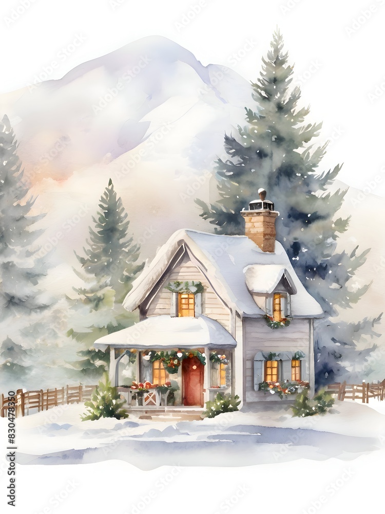 Fototapeta premium Christmas Winter Cottage House Nature Watercolor Art