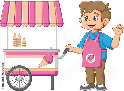 young man seller ice cream from the cart