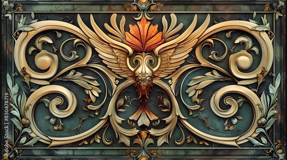 Art Nouveau-inspired artwork, swirling patterns and elaborate borders that frame the central image Art Nouveau-inspired artwork, swirling patterns and elaborate borders that frame the central image