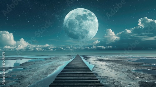 A linear pathway guiding towards a distant white moon on the horizon in one s mind photo