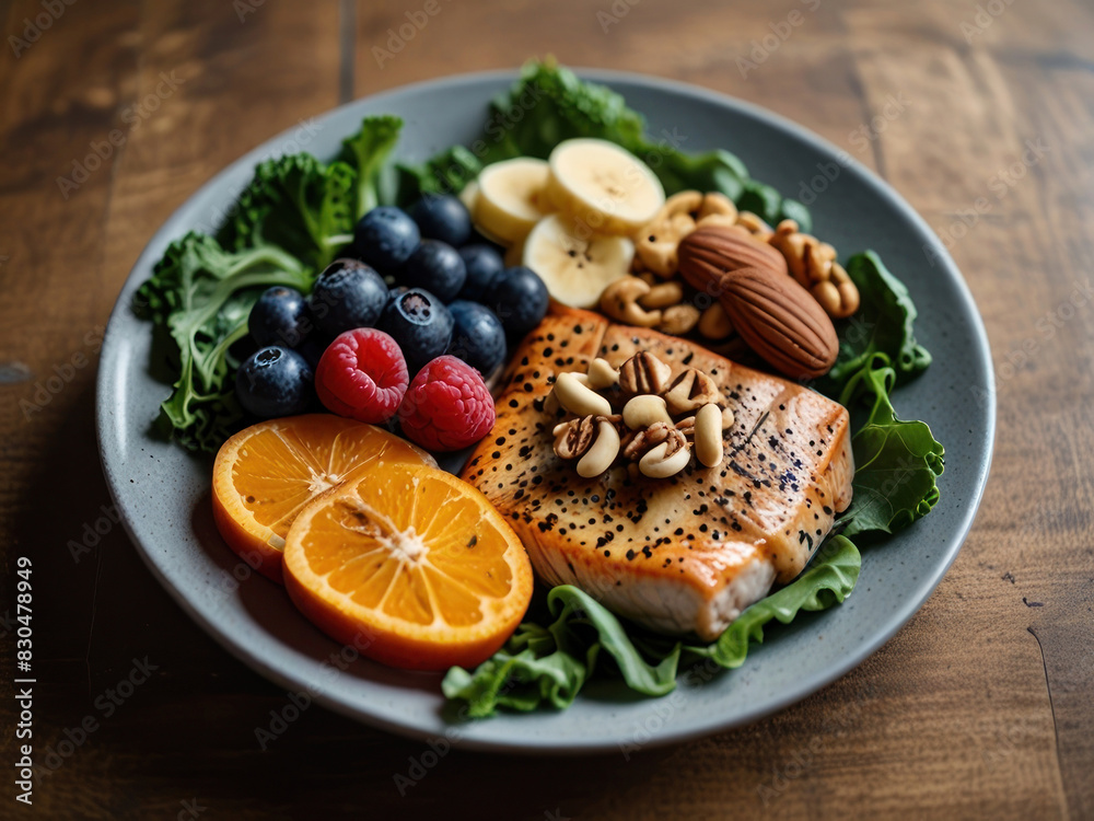 A plate filled with kidney-friendly foods, such as leafy greens, berries, fish, and nuts, highlighting the role of nutrition in maintaining kidney health. with Generative AI Technology A plate filled with kidney-friendly foods, such as leafy greens, berries, fish, and nuts, highlighting the role of nutrition in maintaining kidney health. with Generative AI Technology