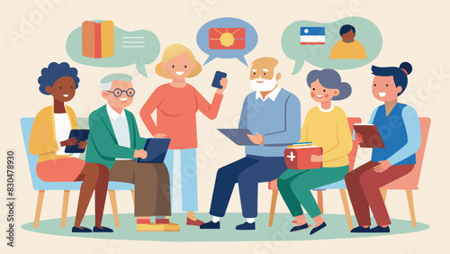 A group of retired individuals form a language exchange club and meet regularly to practice speaking their preferred languages including Dutch Polish and Cantonese.. Vector illustration