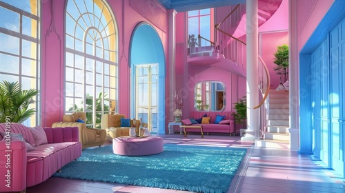3D rendering of a pink and blue villa interior with staircase