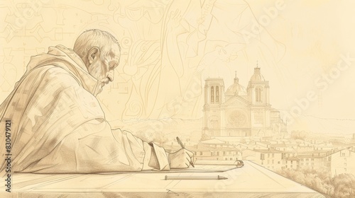 Biblical Illustration of St. Hilary of Poitiers Writing in 4th-Century Church, Beige Background, Copyspace photo