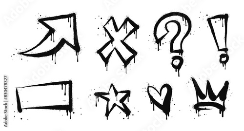 Spray painted graffiti Crown, star, arrow, heart and exclamation point drip symbol. isolated on white background. vector illustration