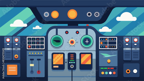 The overhead panels are filled with an array of switches and buttons controlling various systems such as lighting climate control and cabin pressure for a seamless flying. Vector illustration
