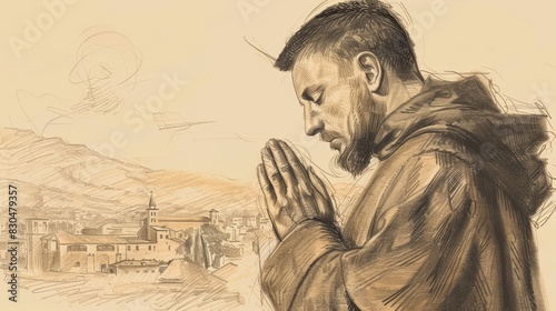 Biblical Illustration of St. Francis of Paola in Prayer in 15th-Century Italian Monastery, Beige Background, Copyspace photo