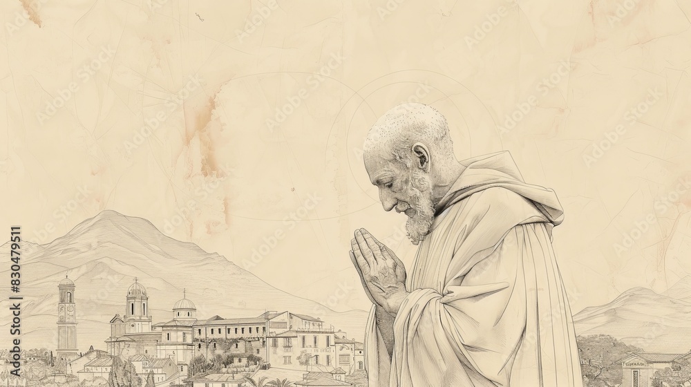 Fototapeta premium Biblical Illustration of St. Gerard Majella in Prayer in 18th-Century Italy, Beige Background, Copyspace