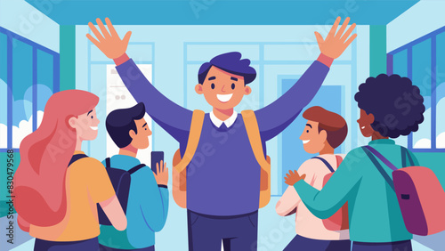 A student was greeted with enthusiastic highfives and pats on the back from his group of friends as he made his way through the busy school hallway back from a semester abroad.. Vector illustration