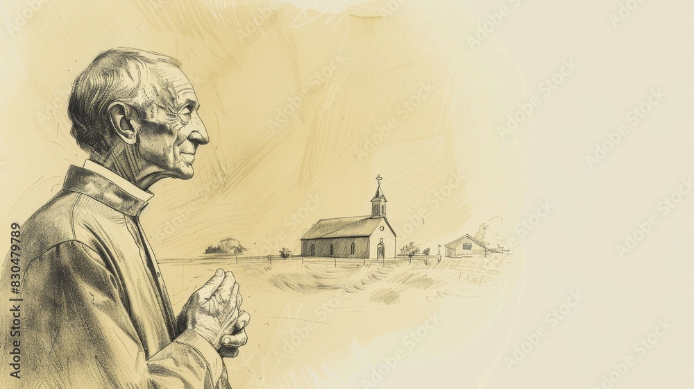 Fototapeta premium Biblical Illustration of St. John Vianney Hearing Confessions in Small Rural Church, Beige Background, Copyspace