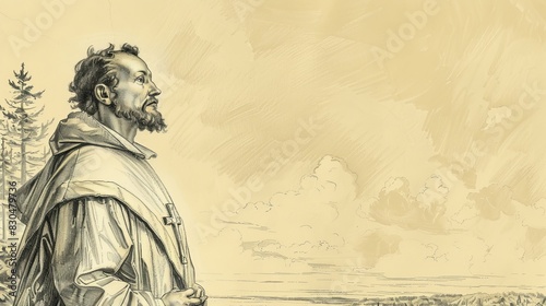 Biblical Illustration of St. Isaac Jogues in Martyrdom in 17th-Century North America, Beige Background, Copyspace