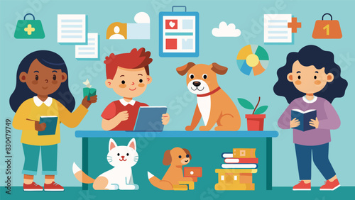 Each month the students take turns choosing a new enrichment activity for the class pet such as a new toy treat or puzzle to keep it mentally stimulated.. Vector illustration