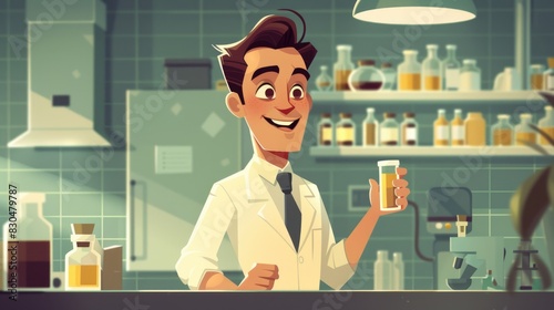 A cheerful scientist in a white coat holds a test tube in an organized laboratory