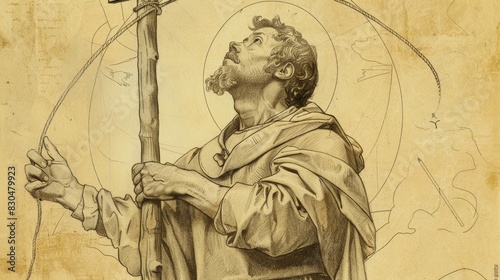 Biblical Illustration of St. Fidelis of Sigmaringen in Martyrdom in 17th-Century Switzerland, Beige Background, Copyspace photo
