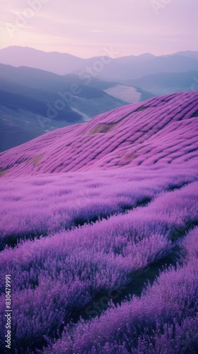 Photography of minimal a cute Lavender with hillside japan landscape lavender outdoors blossom.