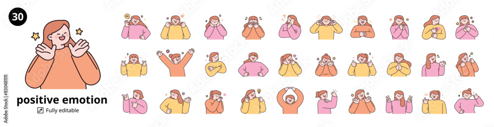 Positive emotion expression mega set. women upper body character. outline vector illustration.