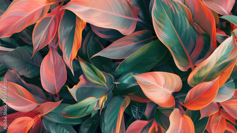 Pinkish orange and green leaves in curved shapes Pinkish orange and green leaves in curved shapes