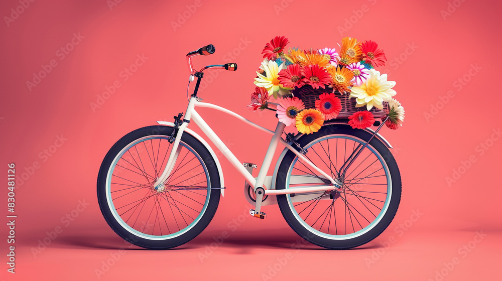 A leisure bicycle with a front basket lightly filled with colorful blooms, presented against a charming deep light pink background, creating a playful scene.