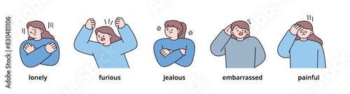 Negative emotion expression set-4. women upper body character. outline vector illustration.