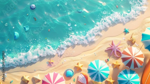 Vibrant scene features bright sand, sparkling water, and colorful beach accessories like umbrellas and surfboards, inviting you to join the endless summer party