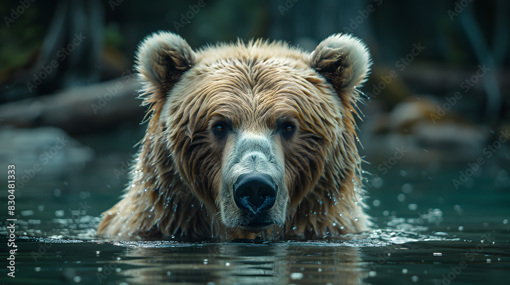 A wet grizzly bear struggling to survive in rising floodwaters,the devastating impact of global warming and climate crisis on wildlife. The urgent need for environmental conservation and protection. A wet grizzly bear struggling to survive in rising floodwaters,the devastating impact of global warming and climate crisis on wildlife. The urgent need for environmental conservation and protection.