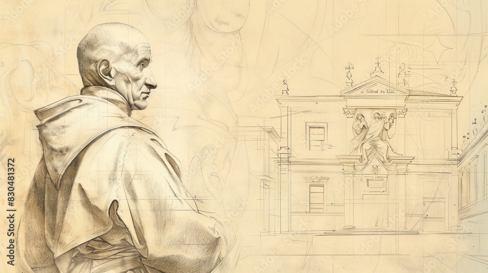 Fototapeta premium Biblical Illustration of St. Camillus de Lellis Serving the Sick in 16th-Century Italian Hospital, Beige Background, Copyspace