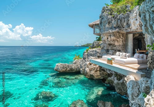 A serene private villa perched on a cliff overlooks turquoise waters. A couple lounges on a plush daybed, savoring champagne as the sun sets, casting a warm glow on the tranquil scene. photo