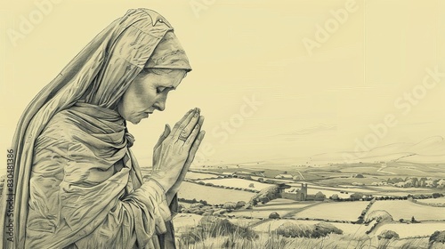 Biblical Illustration of St. Bridget of Ireland in Prayer in Irish Countryside, Beige Background, Copyspace photo