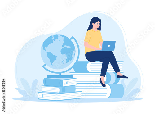 Woman sitting on a book studying with laptop and globe concept flat illustration