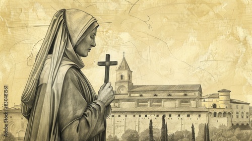 Biblical Illustration of St. Clare of Montefalco in Prayer at 13th-Century Italian Convent, Beige Background, Copyspace