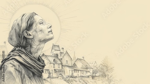 Biblical Illustration of St. Christina the Astonishing in Ecstasy in 12th-Century Belgian Village, Beige Background, Copyspace photo