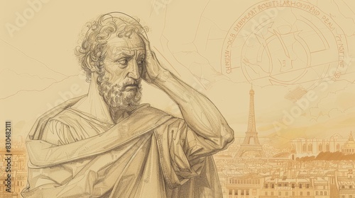 Biblical Illustration of St. Denis of Paris Holding His Head in Ancient Paris, Beige Background, Copyspace