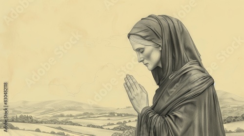 Biblical Illustration of St. Bridget of Ireland in Prayer in Irish Countryside, Beige Background, Copyspace photo