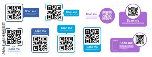 QR code color set. Barcodes with text scan me. Marketing and electronic commerce. Poster or banner for website. Flat vector