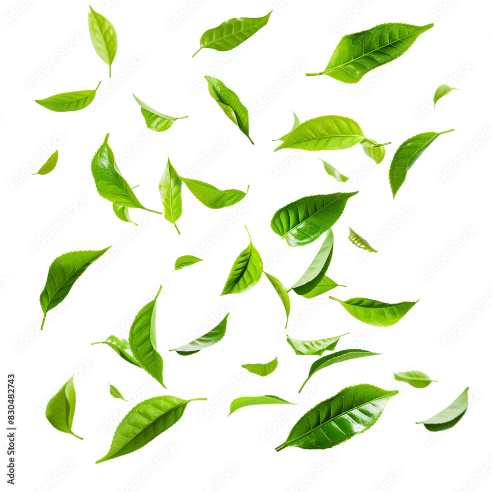Green tea leaves flying and falling isolated white on background Green tea leaves flying and falling isolated white on background