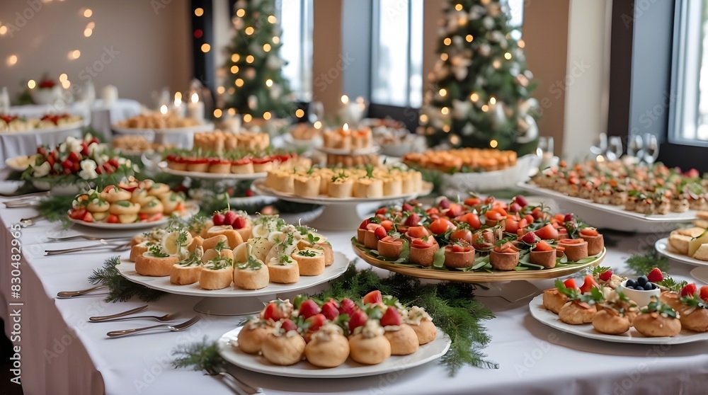 Beautifully adorned catering banquet table with various cuisine snacks and appetizers during a company Christmas birthday party or wedding reception. Generative AI