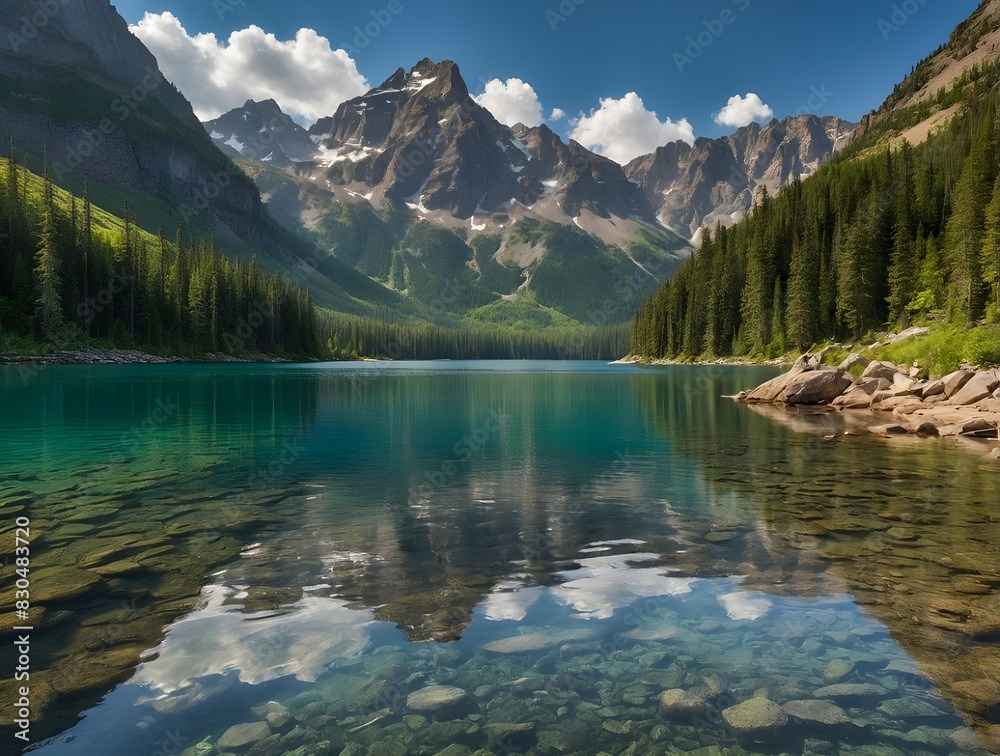 Serene Alpine Beauty: Crystal Clear Lake and Majestic Mountains Serene Alpine Beauty: Crystal Clear Lake and Majestic Mountains