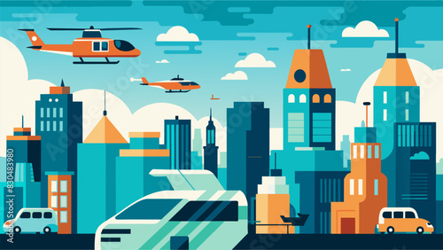 The constant hum of engines and the occasional whoosh of a passing air taxi filled the air a symphony of modern technology and progress.. Vector illustration