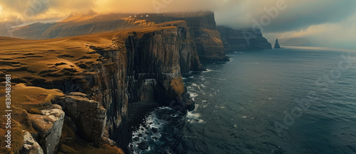 panoramic view of the Faroe Islands  high cliffs overlooking the blue ocean  golden hour  beautiful