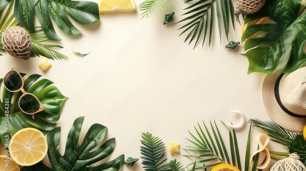 A frame of travel essentials, sunglasses, and tropical elements, with a clear background for copy A frame of travel essentials, sunglasses, and tropical elements, with a clear background for copy