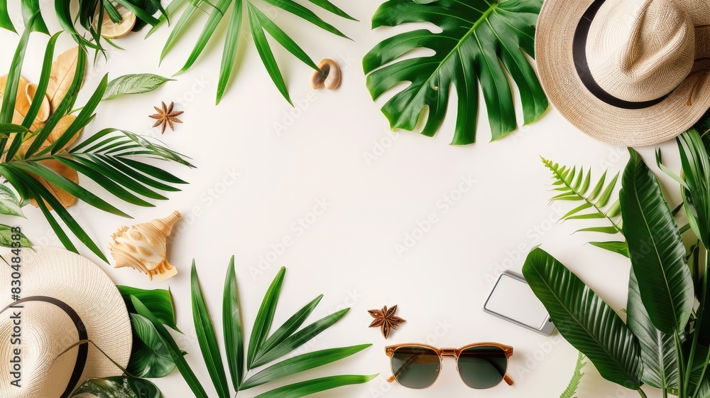 A frame of travel essentials, sunglasses, and tropical elements, with a clear background for copy A frame of travel essentials, sunglasses, and tropical elements, with a clear background for copy