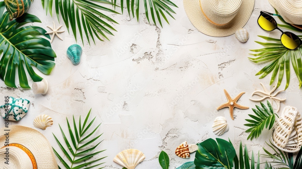 A frame of travel essentials, sunglasses, and tropical elements, with a clear background for copy A frame of travel essentials, sunglasses, and tropical elements, with a clear background for copy