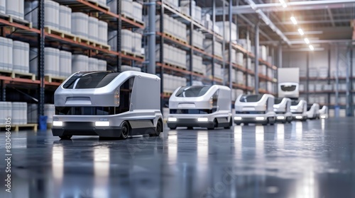 A fleet of autonomous delivery vehicles stands ready to transport goods to distribution centers and customer locations.