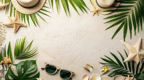 A frame of travel essentials, sunglasses, and tropical elements, with a clear background for copy.